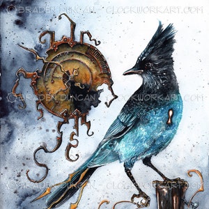Constructs of Time: Fine Art Bluejay Steampunk-vogelprint