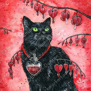 Chat empoisonné : coeur qui saigne - Impression aquarelle sorcière nature magique chat noir