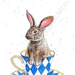 Teacup Bunny - Wildlife Victorian Steampunk Watercolour Print