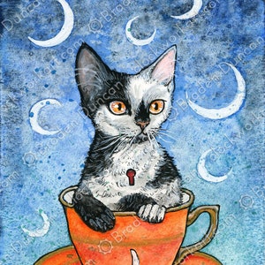 Theekopje kitten: Marokkaanse munt met manen - Victoriaanse steampunk aquarel kat thee print