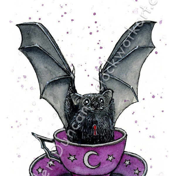 Teacup Bat - Wildlife Victorian Steampunk Watercolour Print