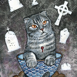 Theekopje Kitten: Gyokuro met grafstenen - Victoriaanse steampunk aquarel kat thee print