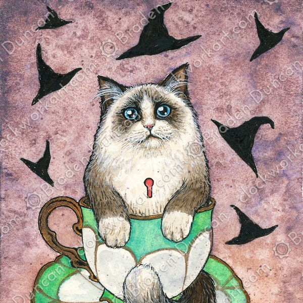 Teacup Kitten: Hojicha with Witch Hats - Victorian Steampunk Watercolour Cat Tea Print