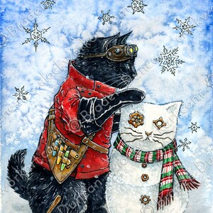 Voulez-vous construire un miaou des neiges : impression d'inventeur steampunk aquarelle chat noir vacances bonhomme de neige