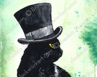 A Very Fine Hat: Fine Art Watercolour Black Cat Print