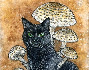 Fatal Fungi Feline: Tödlicher Dapperling - Aquarell Magie Natur Pilz Black Cat Print