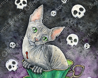 Teacup Kitten: Sencha with Skulls - Victorian Steampunk Watercolour Cat Tea Print