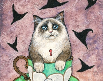 Teacup Kitten: Hojicha with Witch Hats - Victorian Steampunk Watercolour Cat Tea Print