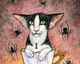 Teacup Kitten: Lapsang Souchong with Spiders - Victorian Steampunk Watercolour Cat Tea Print