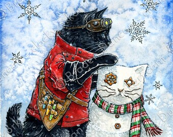 Do You Want to Build a Snow-Meow: Fine Art Watercolour Black Cat Holiday Snowman Steampunk Inventor Print