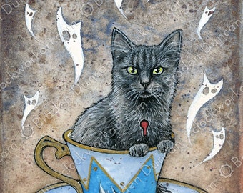 Teacup Kitten: Earl Grey with Ghosts - Victorian Steampunk Watercolour Cat Tea Print