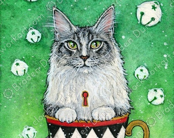 Teacup Kitten: Gingerbread with Jungle Bells - Victorian Steampunk Watercolour Cat Tea Print