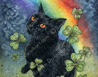 Poison Puss: Shamrock - Watercolour Wicca Magic Nature Black Cat Print