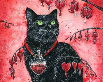 Poison Puss: Bleeding Heart - Watercolour Wicca Magic Nature Black Cat Print