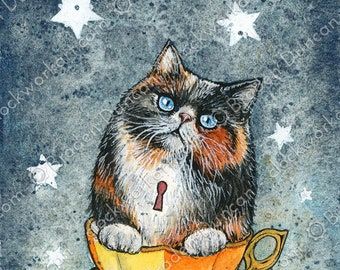 Teacup Kitten: Jasmine with Stars - Victorian Steampunk Watercolour Cat Tea Print