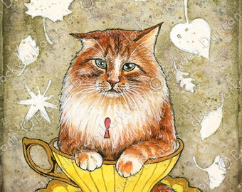 Teacup Kitten: Lemon Spice with Leaves - Victorian Steampunk Watercolour Cat Tea Print