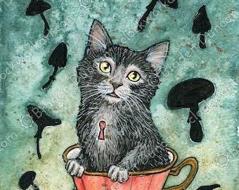 Teacup Kitten: Matcha with Mushrooms - Victorian Steampunk Watercolour Cat Tea Print