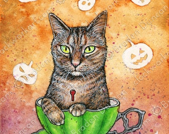 Teacup Kitten: Pu'erh with Pumpkins - Victorian Steampunk Watercolour Cat Tea Print