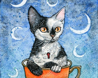 Teacup Kitten: Moroccan Mint with Moons - Victorian Steampunk Watercolour Cat Tea Print