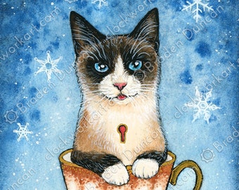 Teacup Kitten: Cinnamon with Snowflakes - Victorian Steampunk Watercolour Cat Tea Print