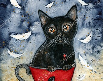 Teacup Kitten: Darjeeling with Feathers - Victorian Steampunk Watercolour Cat Tea Print