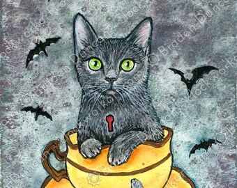 Teacup Kitten: Bergamot with Bats - Victorian Steampunk Watercolour Cat Tea Print