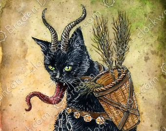 Krampuss: Fine Art Watercolour Black Cat Holiday Krampus Print