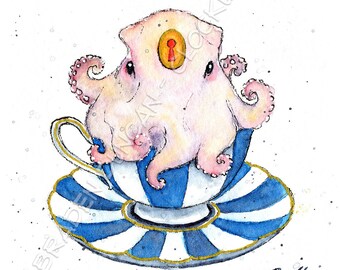 Teacup Octopus - Wildlife Victorian Steampunk Watercolour Print