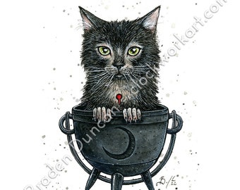 Cauldron Kitten: Millicent - Watercolour Magical Witchy Cat Print