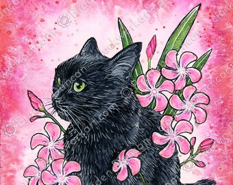 Poison Puss: Oleander - Watercolour Witch Magic Nature Black Cat Print