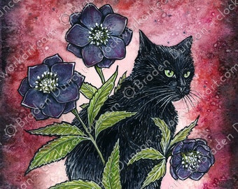 Poison Puss: Hellebore - Watercolour Witch Magic Nature Black Cat