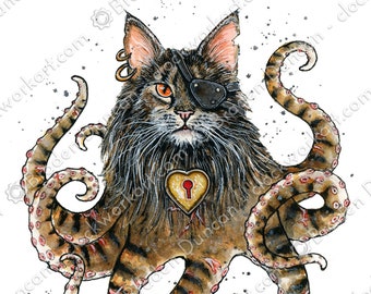 Octopussy: Capitán Morgan - Impresión de gato pirata pulpo steampunk en acuarela