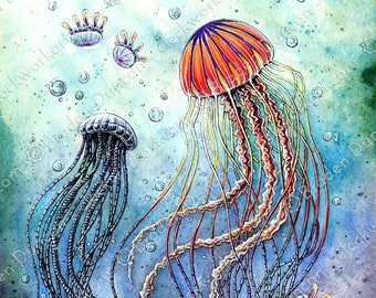 Defenders of the Deep: Fine Art Watercolour Steampunk Jellyfish Print