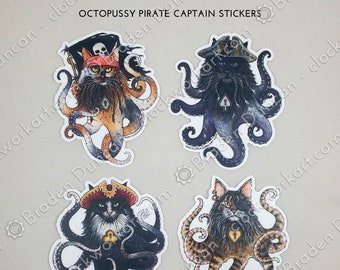 Octopussy Pirate Captain Vinyl Stickers - Watercolour Steampunk Octopus Cat