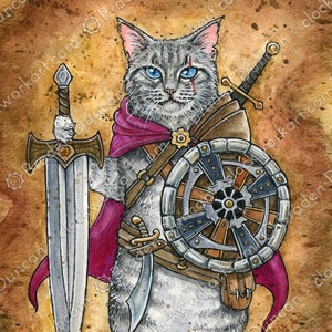Kitten Class: Fighter - Fine Art aquarel fantasie D&D kattenprint