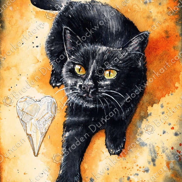 Desire Kitten - Fine Art Watercolour Fantasy Black Cat Heart Print