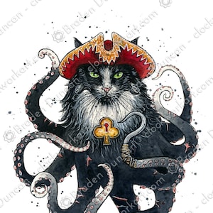 Peut inclure: Un chat noir et blanc portant un chapeau de pirate rouge avec des garnitures dorées et une pieuvre noire avec des tentacules roses. Le chat a les yeux verts et tient une clé dorée avec un symbole de trèfle.