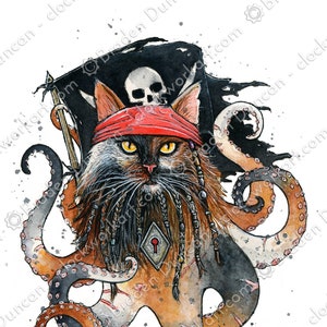 Peut inclure: Une peinture à l'aquarelle d'un chat habillé en pirate avec un corps de pieuvre. Le chat porte un bandana rouge, un cache-œil noir et une longue barbe tressée. La pieuvre a huit tentacules, chacun avec des ventouses. Le chat tient une épée dans sa patte droite. L'arrière-plan est blanc.