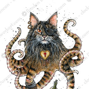 Peut inclure: Une illustration à l'aquarelle d'un chat avec un corps de pieuvre portant un cache-œil, un médaillon en forme de cœur avec un trou de serrure, et tenant une bouteille et un gourdin. Le chat a des poils bruns et noirs et les tentacules de la pieuvre sont bruns avec des anneaux rouges.