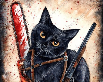 Zombie Killer Kitten - Fine Art Watercolour Horror Cat Print