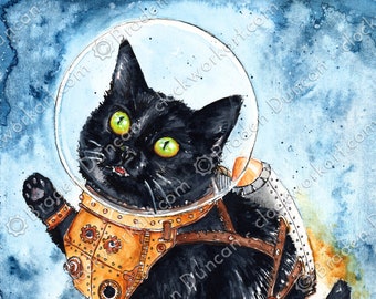 Space Cat: Fine Art Watercolour Black Cat Astronaut Print