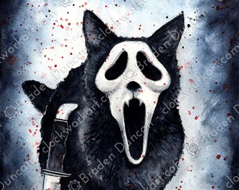 Ghost Hiss - Fine Art Watercolour Horror Black Cat Print