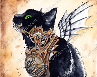 A Flying Machine: Fine Art Watercolour Black Cat Print
