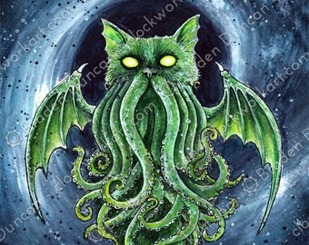 Cathulhu - Fine Art Watercolour Horror Nautical Tentacle Cat Print