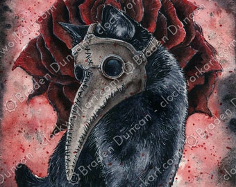 We All Fall Down - Watercolour Plague Doctor Black Cat Print