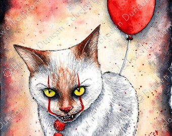 ピエロ猫 不気味なピエロの子猫 - 水彩画によるホラー風シャム猫のファイン