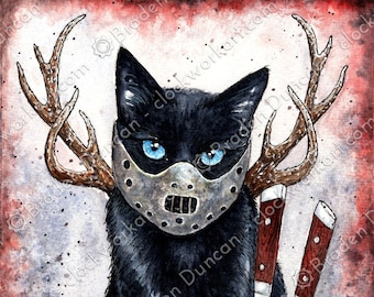 Cannibal Kitten - Fine Art Watercolour Horror Black Cat Print