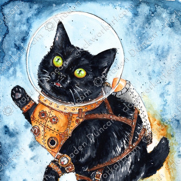 Space Cat: Fine Art Watercolour Black Cat Astronaut Print