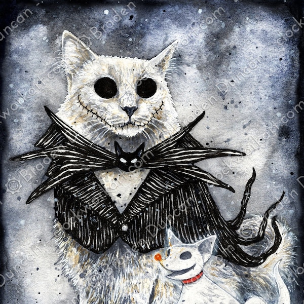 Cat Skellington - Fine Art Watercolour Halloween Cat Print