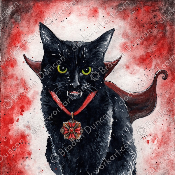 Vampire Kitten: Fine Art Watercolour Black Cat Print